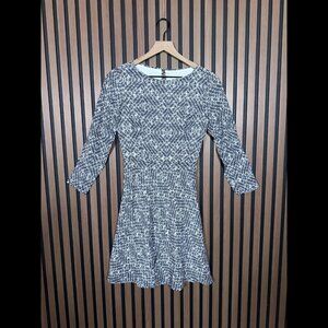 New Reiss Dress 0 / XS Womens White Blue Geometric A-Line Long Sleeve Fit Flare